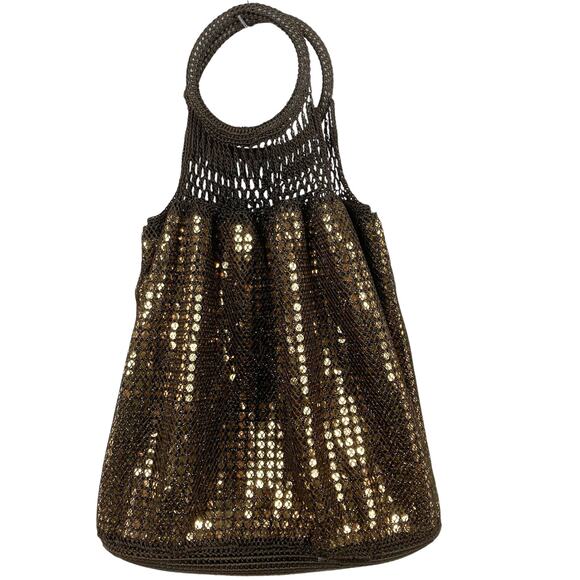 Gap Sequin Shoulder Bag Gold Brown Mesh Knit Circle Handles Retro Boho Y2K Bling - Picture 1 of 8